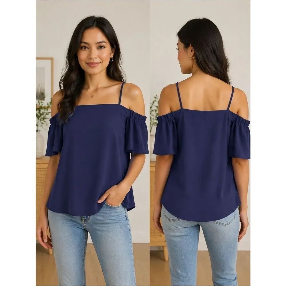 Jade Tam Navy Cold Shoulder Ruffle Sleeve Top size S